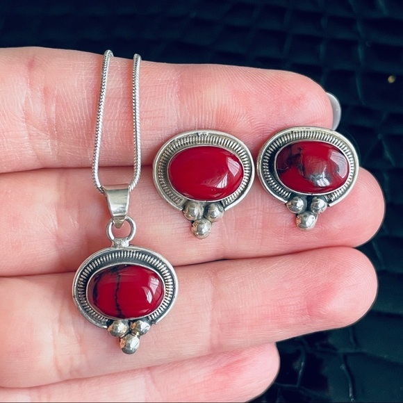 Jewelry - Vintage ATI Mexico Red Jasper Sterling Silver Pendant Necklace Earrings …
